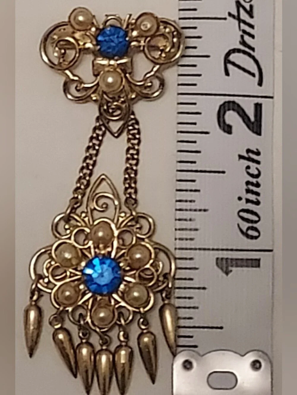 Vintage Goldtone Filigree Chatelaine Brooch Blue Rhinestones Faux Pearls 2.5in.